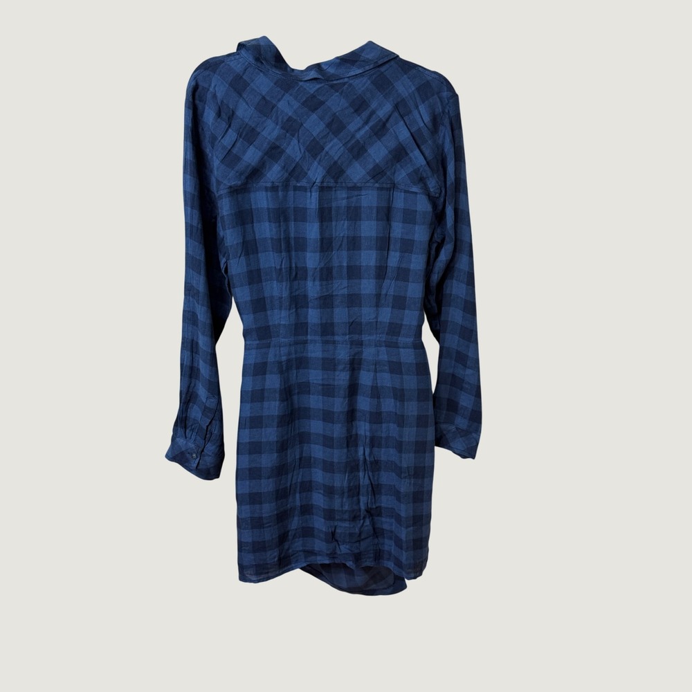 Sanctuary Blue Plaid Linen Blend Wrap Shirt Dress XL Fall Dark Preppy Grunge NWT - Picture 5 of 7